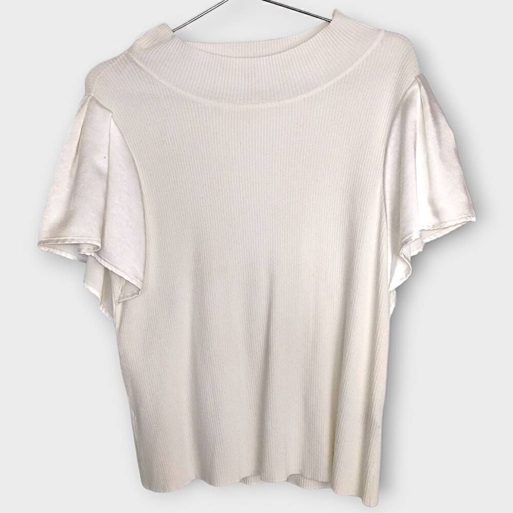 Melissa Nepton Womens Knit Top Sz Large‎ White Ribbed Satin Flutter Sleeves Boho